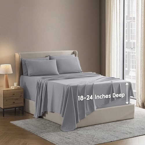 Image of Nestl Extra Deep Queen Sheet Set - 6 Piece Breathable & Cooling Sheets - Hotel Luxury Bedding Set w /18-24 Inch Deep Pockets - Easy & Secure Fit - Super Soft, Wrinkle Free & Comfy - Grey