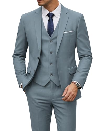 Image of YND Men's 3 Piece Suit with Tie, Solid Color Slim Fit Jacket Vest and Pants