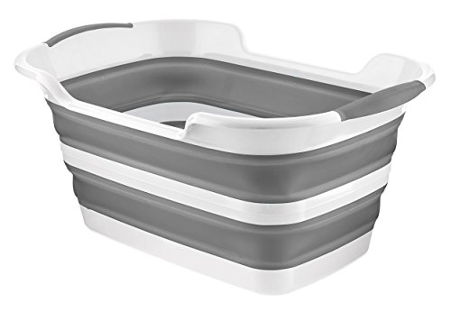 Homeshopa Collapsible Plastic Laundry Basket 27 Litre Foldable Pop Up Storage Container/Organiser Portable Washing Tub Strong & Durable Space Saving Washing/Clothes Bucket/Hamper White & Grey