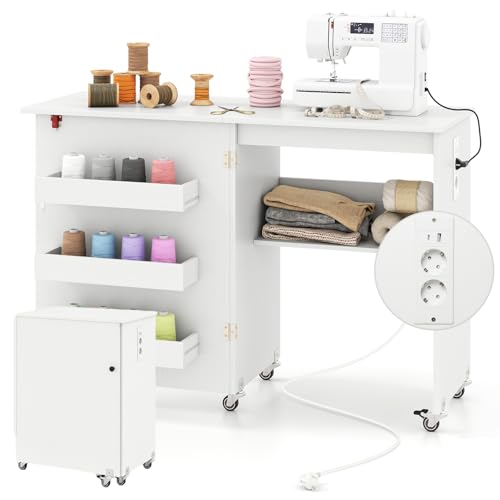 RELAX4LIFE Mesa de Costura Plegable con 3 Compartimentos, Estante, Estación de Carga Integrada, Mesa para Máquina de Coser con Ruedas, 116x40,5x78cm (Blanco-con Enchufe)