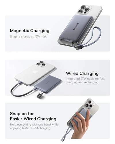 Image of Baseus Picogo Qi2 15W Magsafe Portable Charger, 0.5 inch Ultra Slim 10000mAh Wireless Power Bank with 27W Built-in USB-C Cable, Magnetic Battery Pack for iPhone 17 Pro Max /17 Pro /Air /16 /15 /14 /13 /12