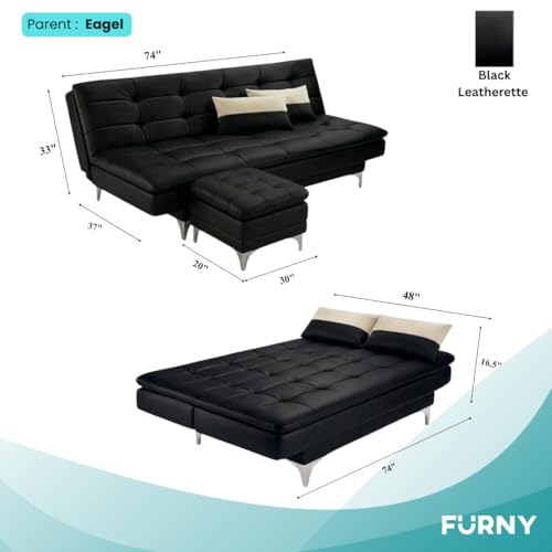 Image of FURNY Supersoft 3 Seater Leatherette Sofa Cum Bed with Ottoman (Black) Premium Finish with Extra 2 Cushions | Ideal for Living Rooms, Bedrooms, Offices