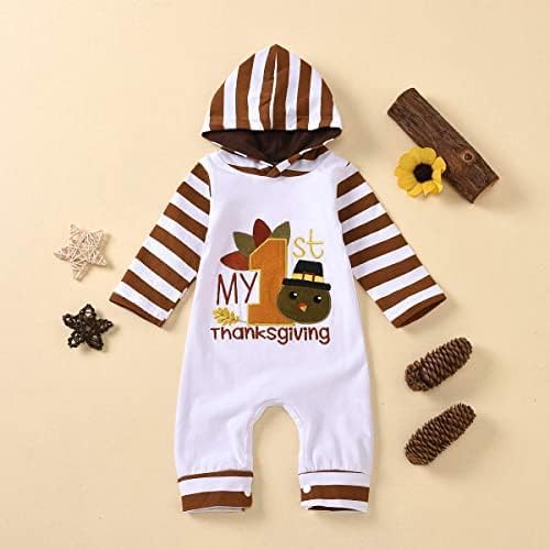 Sinda Infant Baby Boy Girl Thanksgiving Outfit Stripes Jumpsuit My 1st Thanksgiving Long Sleeve Hoodie Romper Baby Clothes