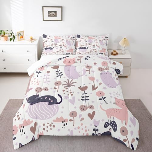 Image of Feelyou Cartoon Comforter Twin Size, Cute Kitten Print Comforter Set for Kids Toddler Kawaii Cats and Flowers Comforter Set Animal Themed Duvet Set Durable Quilt Set