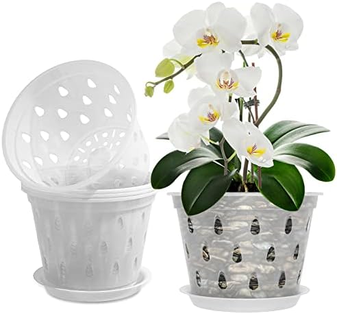 Kecio 4 Pack Orchid Pots with Holes and Saucers, 7 Inch Clear Plastic Orchid Pots for Repotting, Plastic Flower Plant Pot Indoor Outdoor, Breathable Slotted Orchids Planter