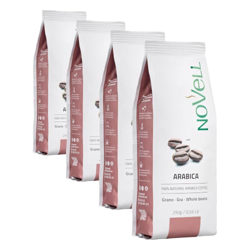 NOVELL - Café en Grano Natural 100% Arábico 250g | Grano Natural para Experiencia Gourmet Premium | Fácil Uso con Válvula Unidireccional | Arábica Sostenible (Paquete de 4)