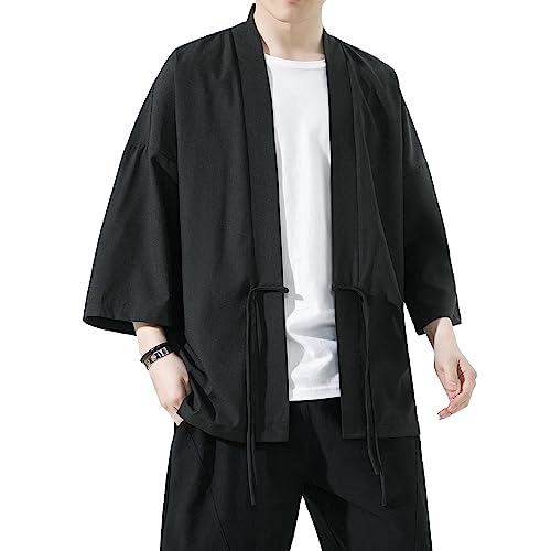 Image of Mens Kimono Cardigan Cotton Linen Japanese Shirt 3 /4 Sleeve Haori Yukata | Skin-Friendly Solid Color Lightweight Shawl Collar Kimono Robe Embroidery Button Tie Pockets Happi Coat All Season Daily Wear