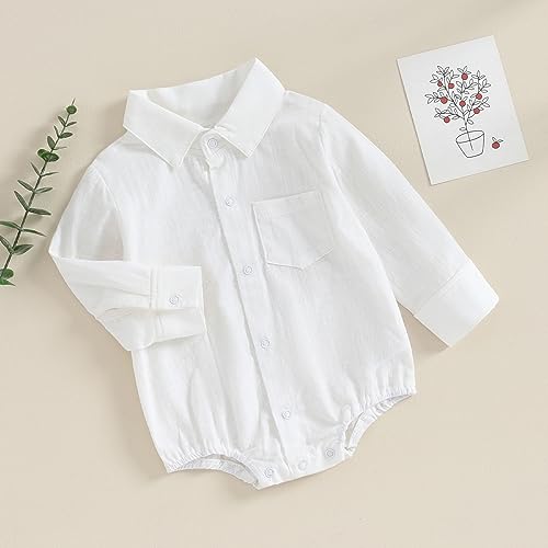 Baby Boy Button Down Shirt Newborn Solid Color Long Sleeve Romper Gentleman Lapel Bodysuit with Pocket2