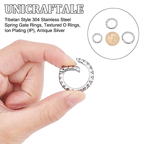 UNICRAFTALE 3Pcs 3 Sizes Spring Gate Rings Stainless Steel Tibetan Style Textured Spring Clasps Antique Silver 7 Gauge Carabiner Keyring Snap Rings Buckle for Decoration Keychain Making - Image 4
