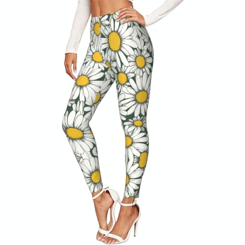 Leggings blancos con margaritas para mujer de tacto suave para yoga y senderismo