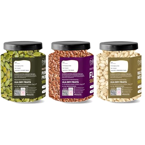 Image of LILA DRY FRUITS Roasted Pumpkin Watermelon Flax Seeds Combo Pack 750 Grams (250g x 3) | Roasted Fitness Trio | Crunchy Seeds Mix | Energy & Recovery Snack for Active Lifestyle Perfect for Gifting
