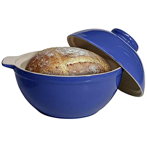 Sassafras Superstone Bread Dome with Blue Exterior Glaze and Glazed Interior for No-Knead Bread and Roasting Chicken, Meats and Vegetables Cover