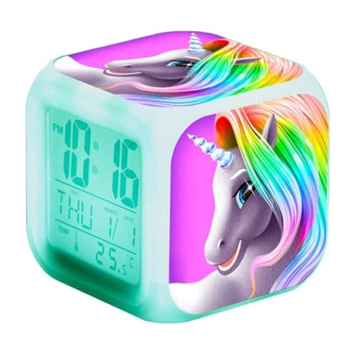 fuska Réveil numérique pour enfants, 7 couleurs changeantes, horloge cube LED avec lumière, réveil pour enfants, réveil de sommeil, réveil de chevet pour enfants - Licorne B