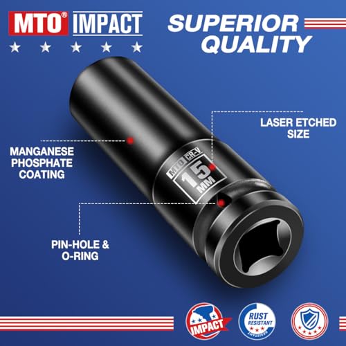 Image of MTO 1 /2 inch Drive 15mm Deep Impact Socket, 6-Point Metric Socket for Automotive Maintaince, CR-V Steel Meets ANSI Standards