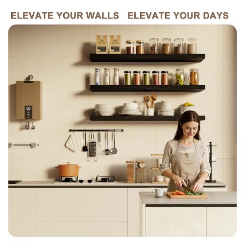 Image of 36-Inch Floating Shelves, Set of 3 Wall Mounted Storage Ledges, 12-Inch Deep Extra-Thick Solid Paulownia Wood Shelving for Kitchen, Living Room, Bedroom & Bathroom, Black