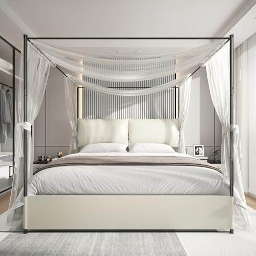PAUKIN Canopy Bed Frame King Size with Upholstered Headboard Sturdy and Stable Easy to Assemble Metal Bar Support no Spring Mattress Required. (White King)