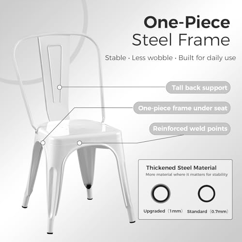 Image of Metal Dining Chairs with Backrest, Stackable, White, 8 Pack | Easy Assembly, Non-Slip Feet, 330 lb Capacity, Kitchen, Restaurant, Cafe, Pub, Covered Patio