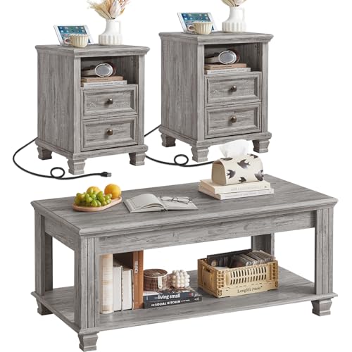 SAVOR LIFE Farmhouse Living Room Table Set,Rustic Wooden Coffee Table Set of 3,Large Coffee/End Side Tables with 2 Drawers for Living Room,Gray