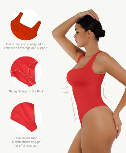 Image of FeelinGirl Bodysuits for Women Seamless Square Neck Tummy Control Compression Thong Shapewear Bodysuit Tank Tops Bodysuit