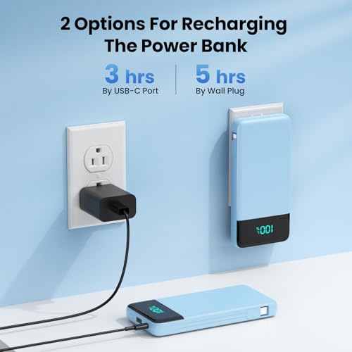 Image of Portable Charger for iPhone,13800mAh Slim Power Bank with Built-in Cables & AC Wall Plug,All in One 4 Outputs USB C Fast Charging Battery Pack Travel Essential for iPhone 17 /16 /15 /14,Android(Sky Blue)