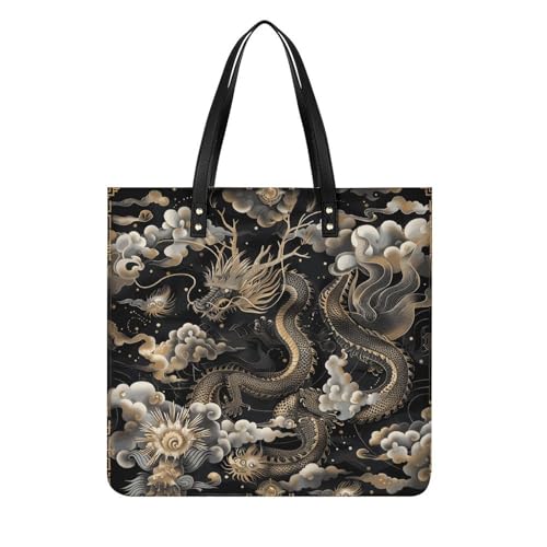 Sac seau souple avec motif dragon noir en cuir végétalien