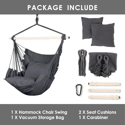 Image of Highwild Hammock Chair Hanging Rope Swing - Max 500 Lbs - 2 Cushions Included - Steel Spreader Bar with Anti-Slip Rings - for Any Indoor or Outdoor Spaces (Grey)