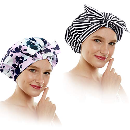 2 Pieces Shower Caps Waterproof Bowknot Bathing Caps Reusable Bath Caps for Women (Floral Pattern, Stripe Pattern)