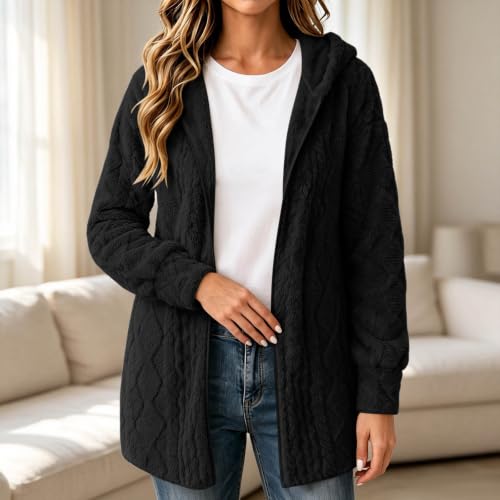Womens Fleece Hooded Jacket Long Sleeve Open Front Cardigan Thick Warm Coat - image 4