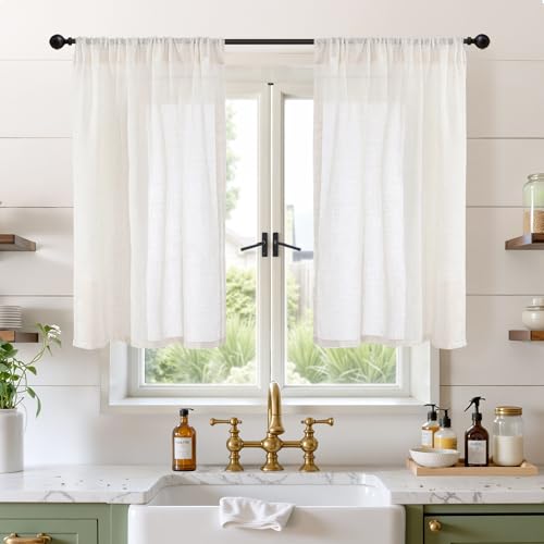 Image of BGment Short Linen Curtains 45 Inch Length for Cafe Kitchen Windows - Rod Pocket Light Filtering Semi Sheer Drapes Textured Bedroom Decorative Lightweight Natural Rustic, 2 Panels Set, 30 X 45 Inch