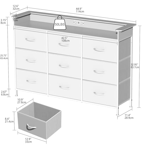 EXOTICA White Dresser with LED Light for Bedroom 9 Drawer Dressers with Charging Station Chests of Drawers for Entryway Closet Living Room Hallway Sturdy Steel Frame Wooden Top Easy Pull Handle - Image 3