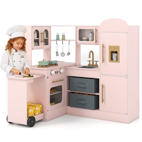COSTWAY Cuisine d'angle Enfant avec Comptoir Rétractable et Lumières et Sons, Cuisine Enfant en...