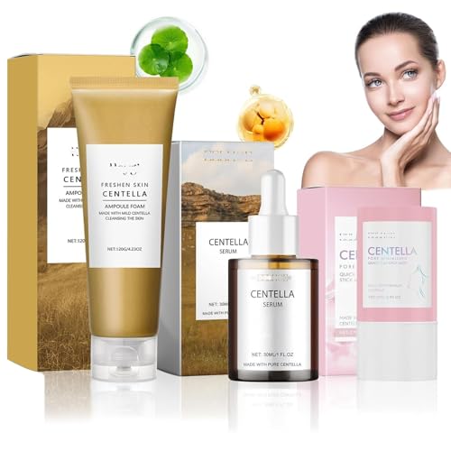 3 Piezas Skincare Centella Kit, Centella Limpiador Facial, Centella Serum, Centella Stick Mask, Skincare Coreano Kit, Hidratante, Nutre, Minimiza los Poros, Apto para Todo Tipo de Piel