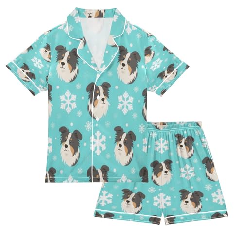 Satin Pajama Sets Short Sleeve Dog Faces Snowflakes Pattern Button Down Silky Nightwear 2 Piece PJS 5-14Y