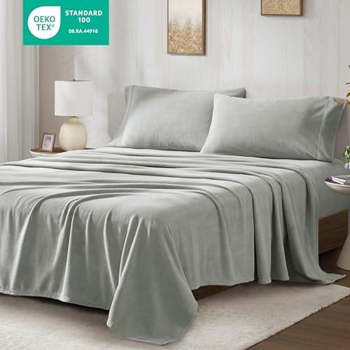 Image of True North by Sleep Philosophy Micro Fleece Bed Sheet Set, Warm, Sheets with 14 inch Deep Pocket, for Cold Season Cozy Sheet-Set, Matching Pillow Case, Queen, Grey, 4 Piece