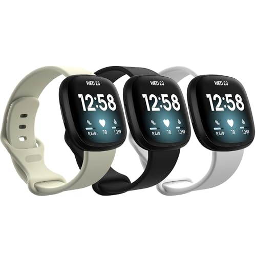 QIEMUTER Fitbit Versa 4 / Fitbit Versa 3 / Fitbit Sense 2 / Sense Watch�o���h ���f�B�[�X �����Y �Ή� �\�t�g�V���R�������p�X�g���b�v �X�}�[�g�E�H�b�`�o���h�p (�u���b�N-�z���C�g-