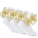 Yepami 3 Pairs Girls Ruffle Socks Big Double Lace Frilly Trim Dress Socks (Gold, Small)