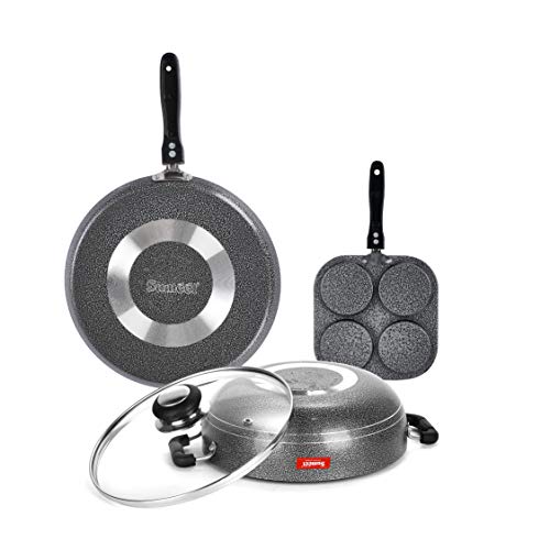 Image of Sumeet NonStick Kelabu Cookware Set (Dosa Tawa - 26.5Cm Dia + Kadhai with Glass Lid -2Ltr - 22Cm Dia + Mini Multi Snack Maker - 4 Cavity -19.5cm)