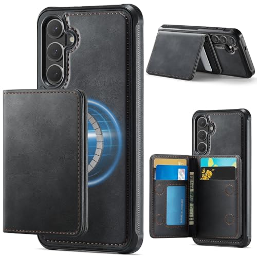 �y����PU���U�[�z Galaxy S26 Plus �p �P�[�X �ϏՌ� �����Y��? 4���J�[�h�|�P�b�g �D���� �T�C�h�O���b�v ����~�� �}�O�l�b�g�� ���E�ȒP �S�ʕی� ���� �r�W�l�X�ABlack