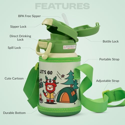 Image of BAYBEE Hydro 2-in-1 Steel Sipper Water Bottle for Kids with Straw | BPA Free Baby Drinking Sippy Cups with Adjustable Carry Strap | Leak-Proof Spill-Lock Baby Sipper Bottle for Kids (Green)