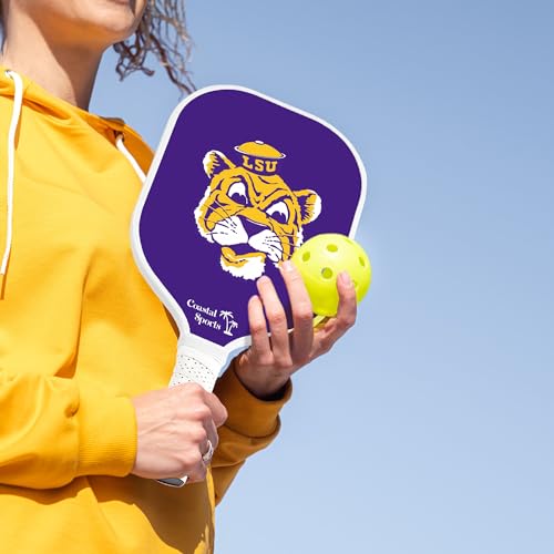 Image of LSU Pickleball Paddle | Officially Licensed Collegiate Pickleball Paddle | Honeycomb Polymer Core | Graphite Face | Premium Leather Grip | Lightweight