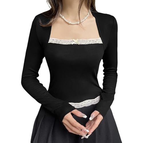 Image of Fairy Grunge Shirts for Women Y2K Tops Long Sleeve Lace Patchwork Tees Teen Girls Vintage Slim Blouse Fall Clothes