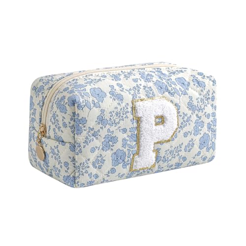 Gleyemor Personalized Initial Makeup Bag for Women, Cute Quilted Blue Floral Cotton Cosmetic Bag, Christmas Gifts for Her Mom Friend Sister Bridesmaid Teacher Women P