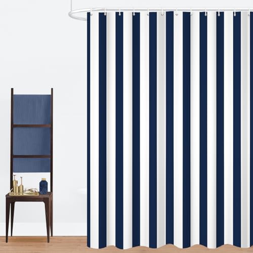GCIREC Duschvorhang, 180x180cm, Navy & Weiß Moderner Minimalismus Vertikale Streifen Wasserdichter Stoff Maschinenwaschbarer Badezimmervorhang mit Haken