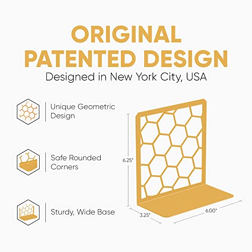 Premium Geometric Gold Honeycomb Bookends For Shelves, Metal Book Ends For Office, L-Shaped Book Stopper, Rustproof Bookends Decorative Unique For Home, 6.25 (L) X 6 (W) Inches, 1 Pair - Geomod #TOP2