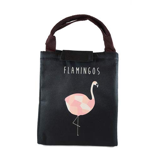 Cute Lunch Bag with Printed Design and Aluminum Insulation with Handle Straps (Black Flamingo)
