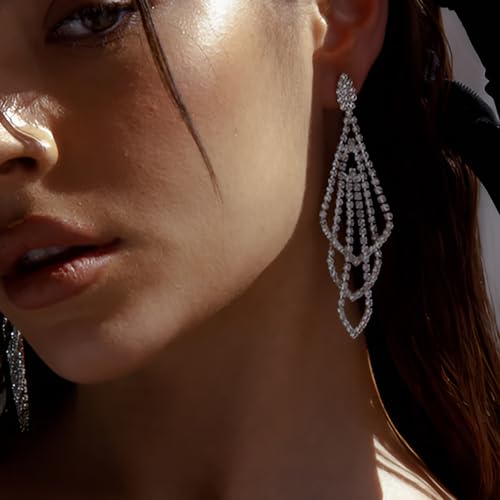 Silver Rhinestone Rectangle Dangle Earrings for Women Cubic Zirconia Crystal Dangle Earrings Long Chandelier Earrings Multi Layer Tassel Earrings Wedding Bridal Jewelry3