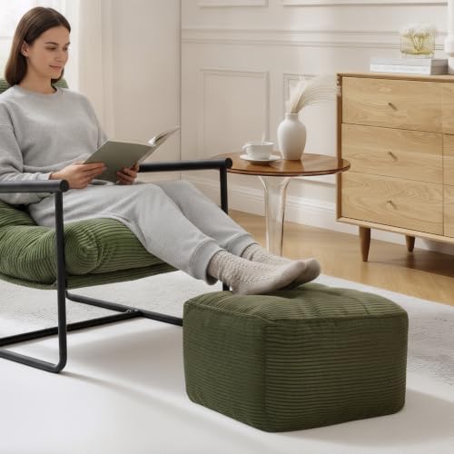 Image of Square Stuffed Pouf Ottoman, Corduroy Oversize Foot Rest,Green