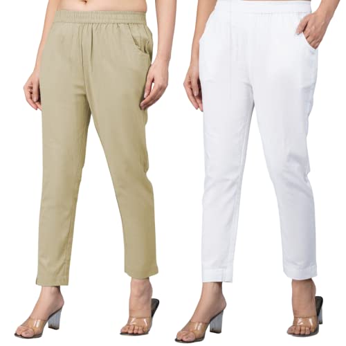 Image of Regular Fit Fully Elastic Waist Ankle Length Premium Cotton Casual Trouser Pant (Combo Pack of 2)