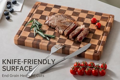 Image of THETCHRY Cutting Boards for Kitchen, Checkered Cutting Board End Grain, Acacia Wooden Chopping Board with Juice Groove & Handle, Serving Tray for Meat, Bread & Fruit, 14 inchL x 11 inchW x 0.8 inchTh