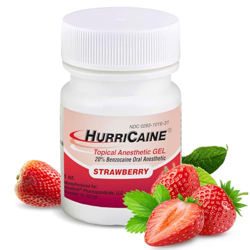 HurriCaine Topical Anesthetic Gel 1oz Fast-Acting 20% Benzocaine for Temporary Relief of Minor Mouth Irritation Caused by Canker Sores Dental Procedures & More - OTC Dye-Free Formula - Strawberry